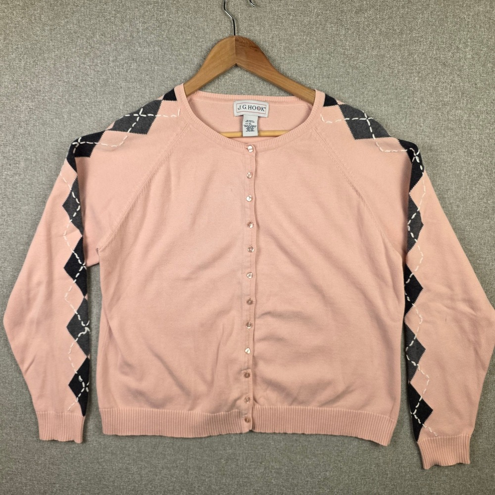 JG Hook Pink Argyle Sleeve Cotton Cardigan Sweater Womens XL Button Up Preppy